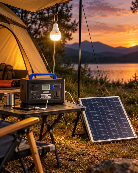 Mini planta con bombillo en un campamento al atardecer