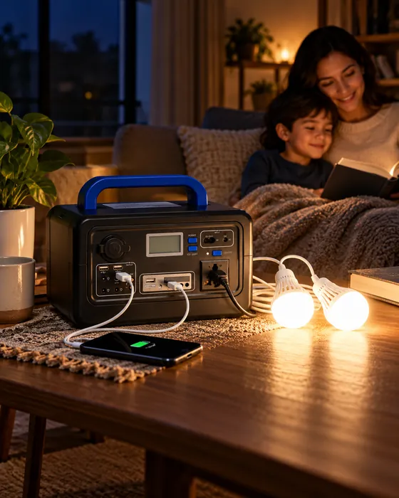 Mamá e hijo leyendo de noche con los bombillos de la mini planta encendidos