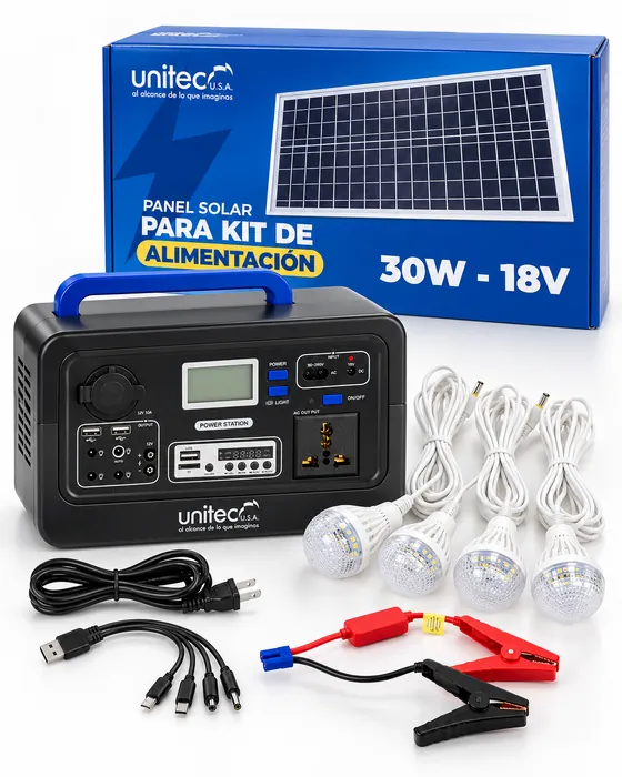 Kit completo: mini planta Unitec, panel solar de 30 W, 4 bombillos LED y cables