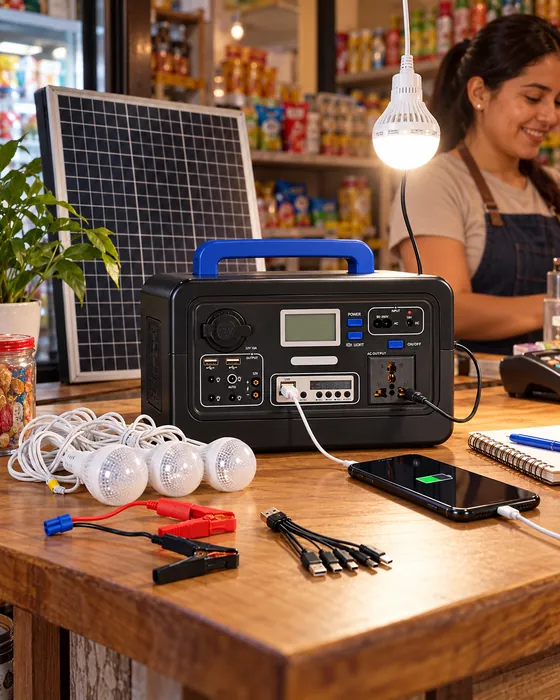Tienda de barrio iluminada con la mini planta y el panel solar