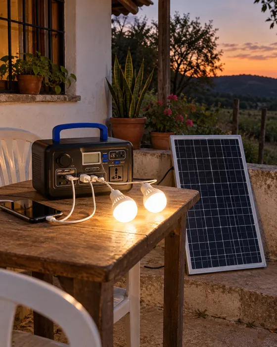 Mini planta en el patio de una finca con dos bombillos encendidos y el panel al lado