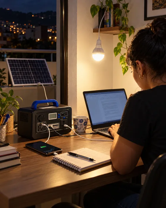 Mujer trabajando de noche en su portátil conectado a la mini planta